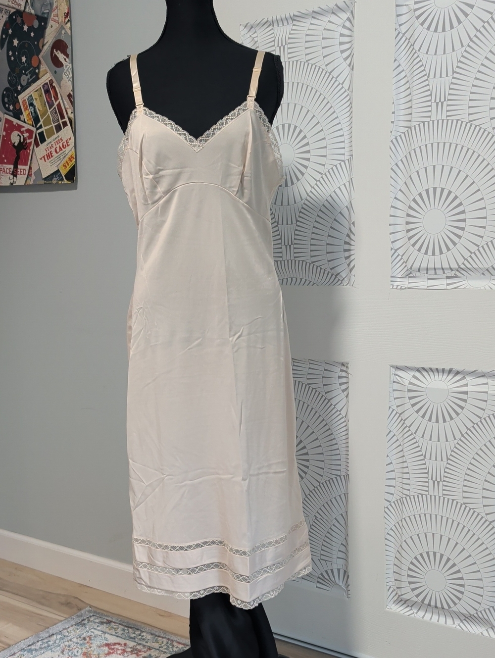 Vintage Long Beige Slip With Ornate Lace Trim